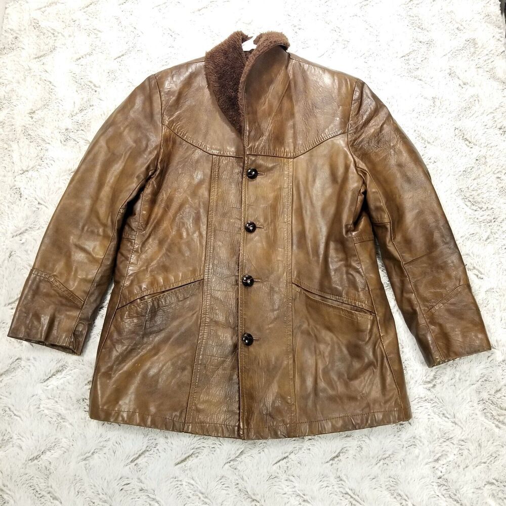 Vintage Pioneer Wear Mens Genuine Leather Faux Fur Lined Jacket Coat 44L‎ Brown